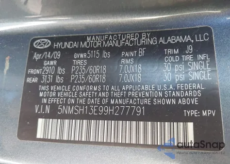 2009 Hyundai Santa Fe Limited from USA, damaged, VIN 5NMSH13E99H277791